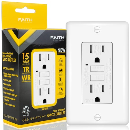 Faith 15A Outdoor GFCI Outlets Slim, Weather/Tamper-Resistant GFI Duplex Receptacles, Self-Test, White GLS-15ATRWR-WH